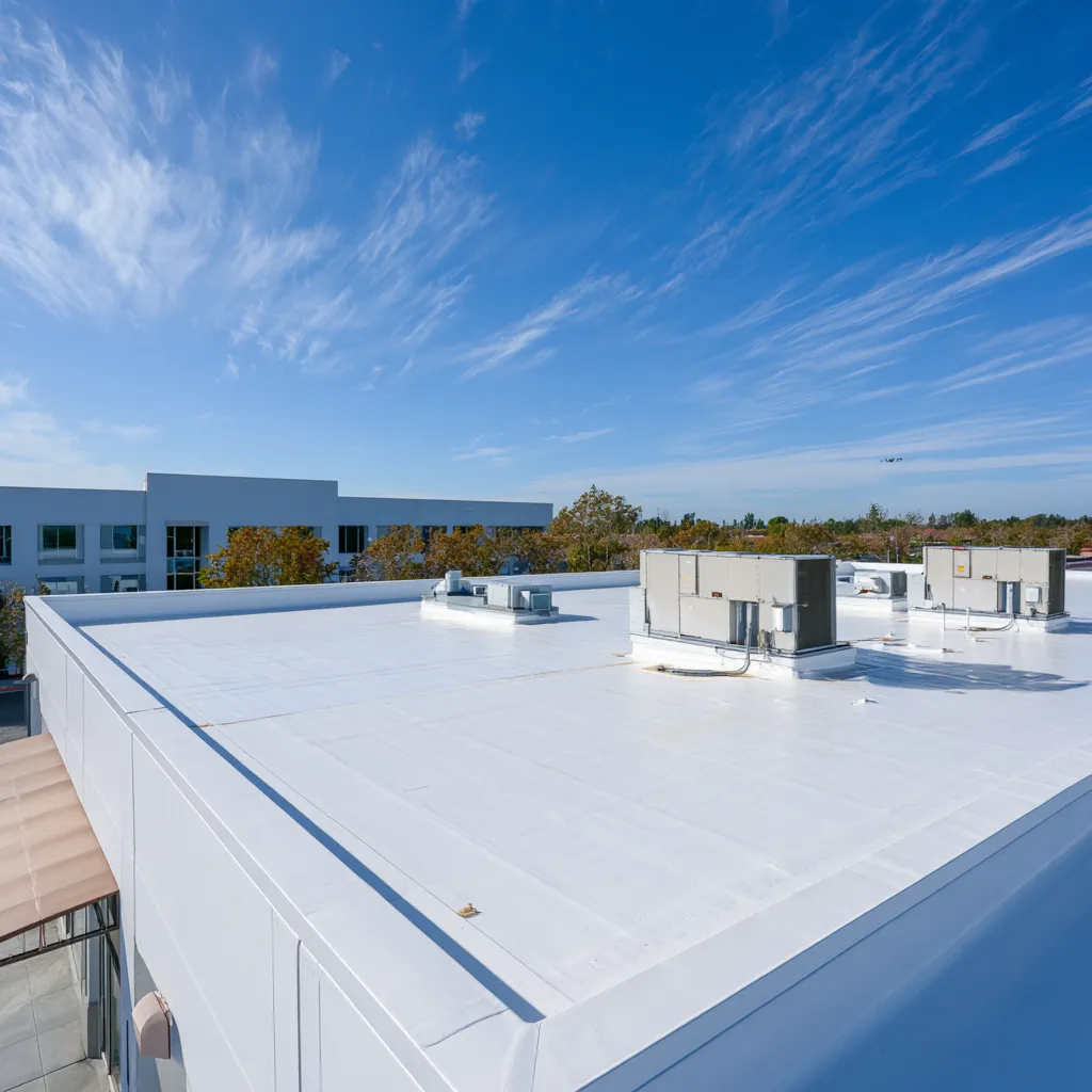 Office building near a flat commercial roof holding packaged HVAC units