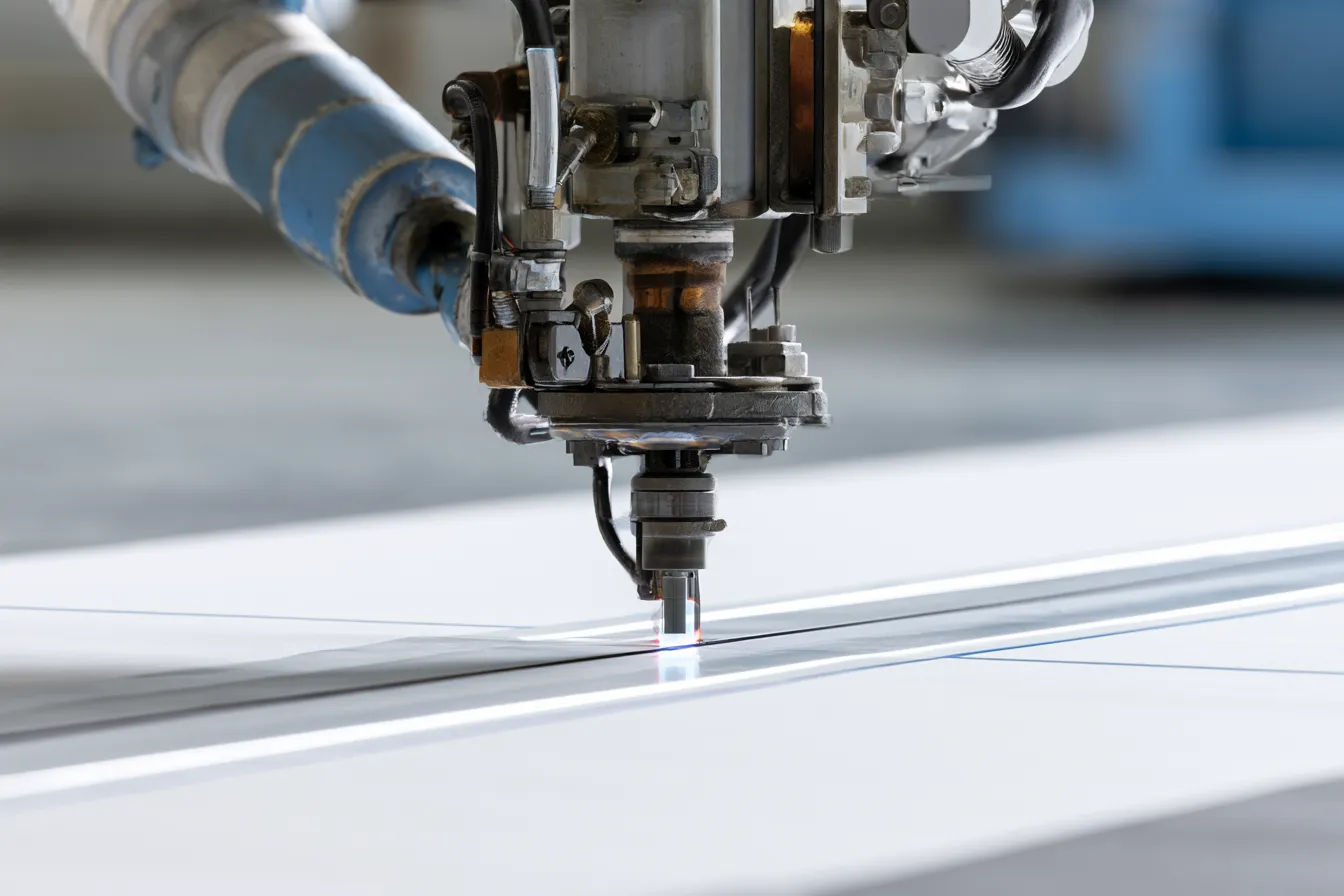 Close-up of an automated hot-air welder seaming white roof membrane