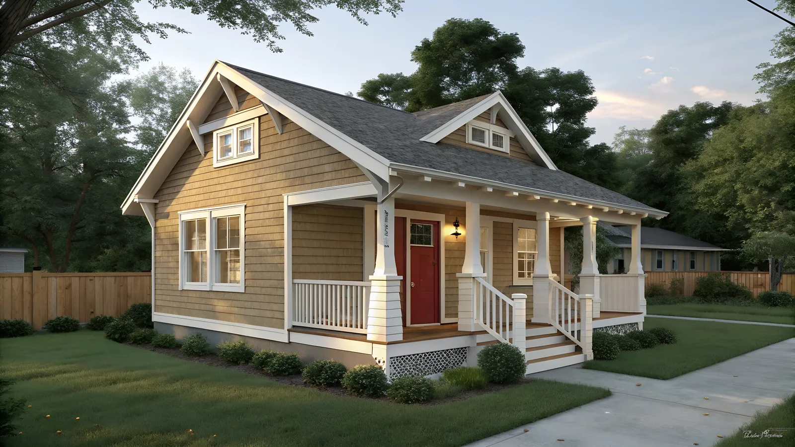 Gray shingle roof and red front door on a craftsman bungalow