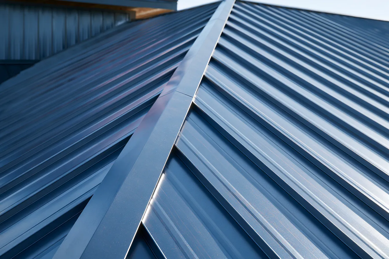 Clear sky above a dark blue-gray standing seam metal roof and its raised center seam