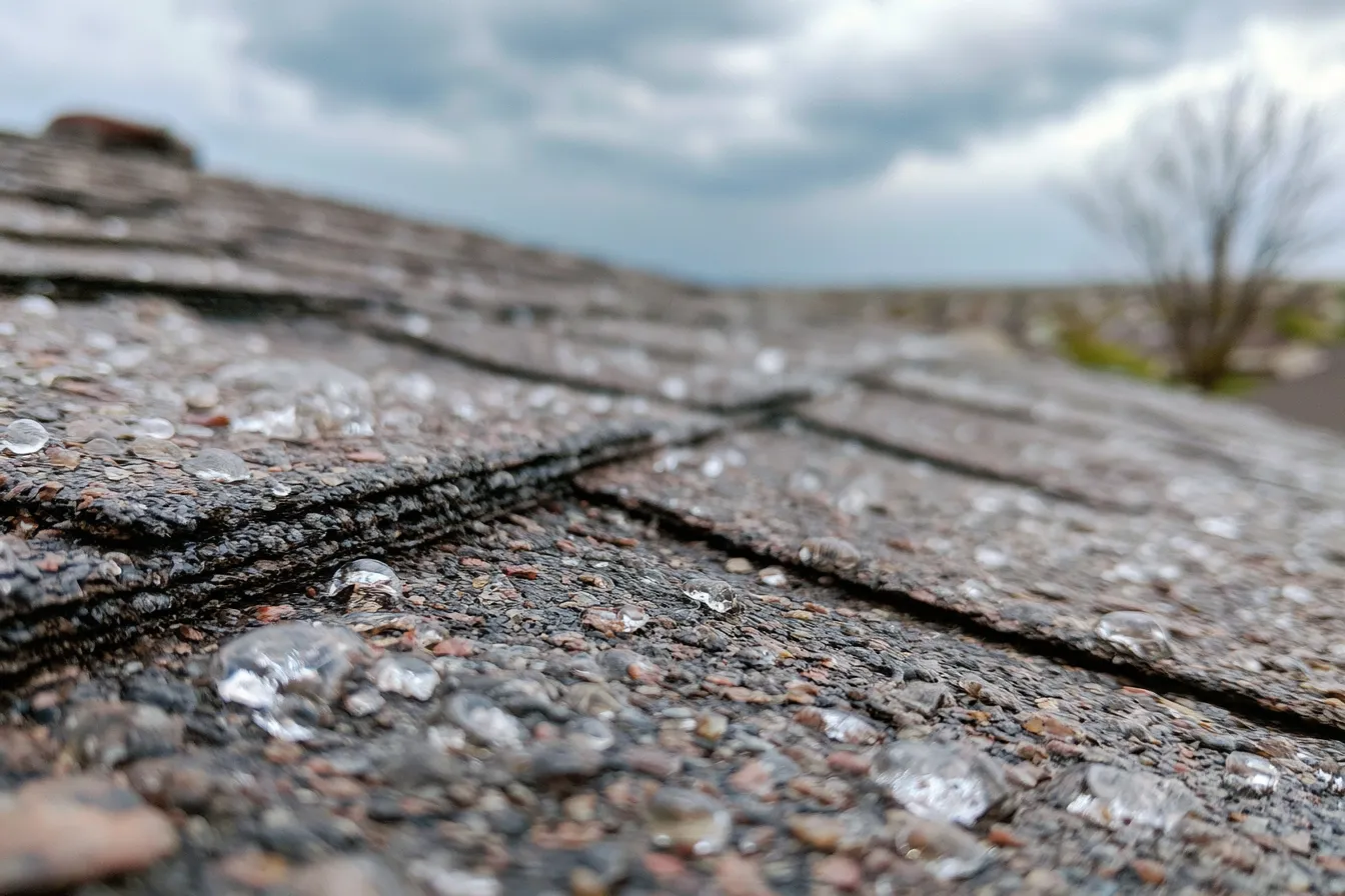 Asphalt shingles dotted with scattered hailstones beneath an overcast sky